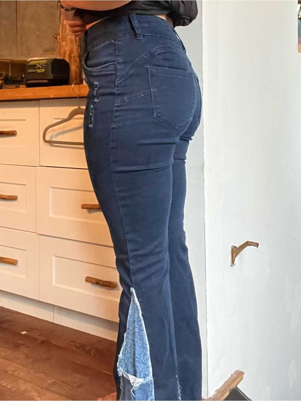 Women's Dark Blue Wide Leg Patchwork Jeans stretch - Picture 2 of 5